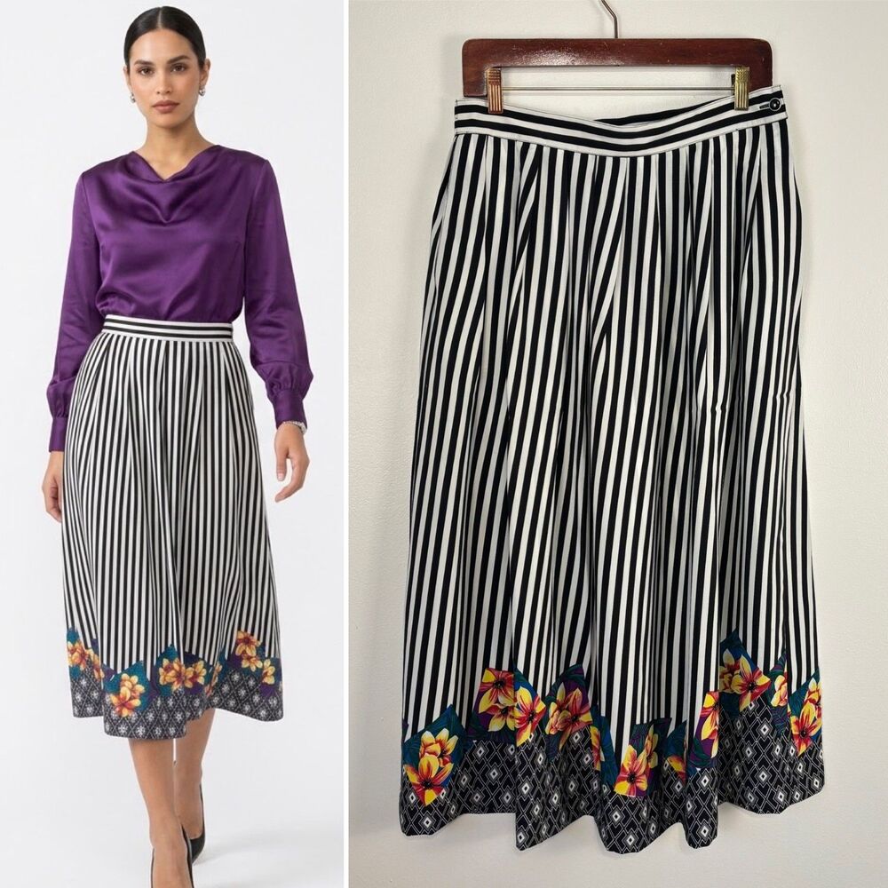 VTG 80s 90s Leslie Fay Sportswear Striped Floral Border Midi Skirt 14 Pleated